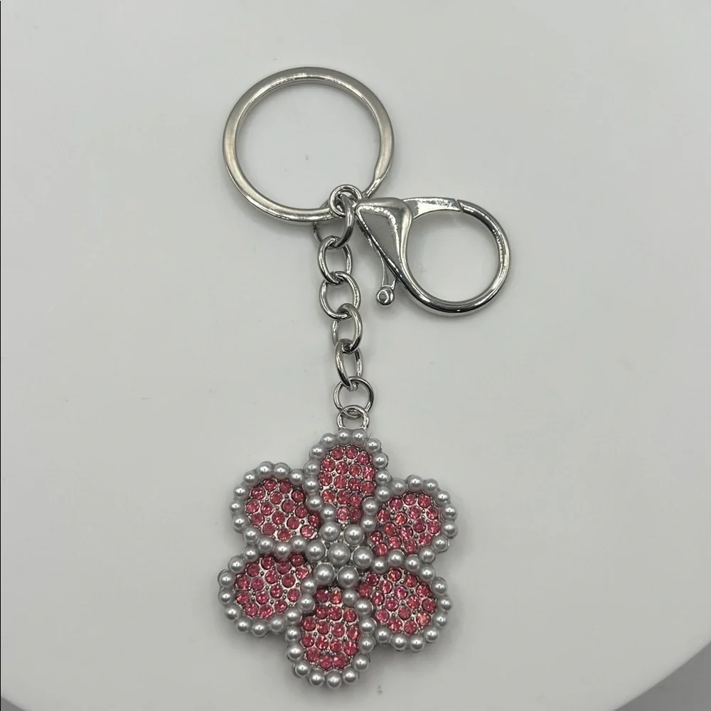 593. Silver and Pink Flower Keychain
